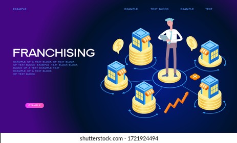 Development of a chain of stores. Franchising and branch network. Franchise business marketing. Page template. 3d isometric illustration