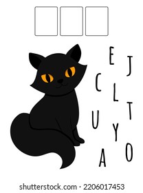 Desarrollo de un niño, escolar, preescolar. Aprendiendo inglés. Juego de rompecabezas. Gato negro, Halloween. Educación infantil. Encuentra las letras.