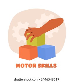 Desarrollo de los niños. Niño con cubos coloridos e inscripción de habilidades motoras. Educación y capacitación para preescolares. Ilustración vectorial plana de dibujos animados aislada sobre fondo blanco