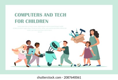 Development Classes Landing Page Template.Education,School Robotics Project.Children , Teacher Mindstorm Creating Ai Cyborg Using Different Tools,Presenting Humanoid Robot.Cartoon Vector Illustration