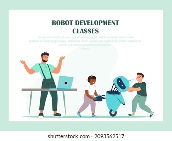 Development Classes Landing Page Template.Education,School Robotics Project.Children and Teacher Characters Create Ai Cyborg Using Different Tools,Presenting Humanoid Robot.Cartoon Vector Illustration