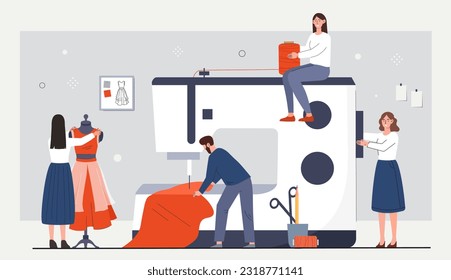 Development clothes concept. Fashion designers, men and women with dress near mannequin. Atelier and handmade, seamstress. Trend and style. Poster or banner. Cartoon flat vector illustration