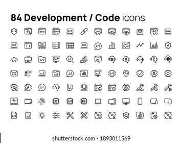 Development, code. High quality concepts of linear minimalistic flat vector icons set for web sites, interface of mobile applications and design of printed products.