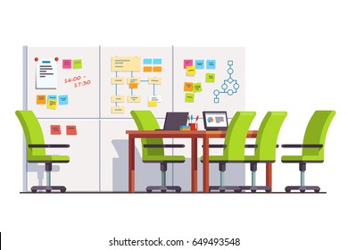 IT development company boardroom interior with SCRUM wall white board, big table, chairs and laptops. Conference meeting room furniture. Business startup. Flat style vector isolated illustration.
