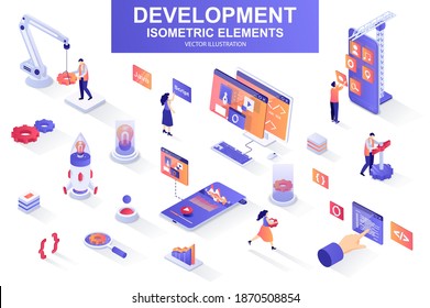 Development Company Bundle Of Isometric Elements. Interface Prototyping, Back End Development, Developer Programming, Project Launch Isolated Icons. Isometric Vector Illustration Kit With People.