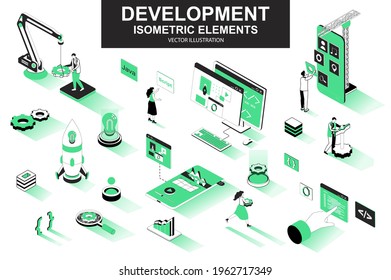 Development Company Bundle Of Isometric Elements. Interface Prototyping, Back End Development, Developer Programming, Project Launch Isolated Icons. Isometric Vector Illustration Kit With People.