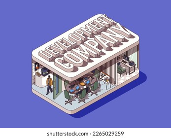 Development company concept in 3d isometric graphic design. Programming and creating software in office, work in IT agency. Vector illustration with people in isometric room interior for web banner