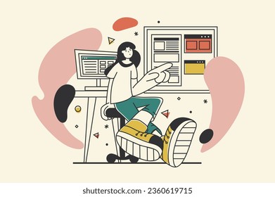 Development company concept with people scene in flat retro design for web. Programmer works with code and creating wireframe layouts. Vector illustration for social media banner, marketing material.