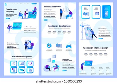 Entwicklungsfirma flache Landungsseite. Software-Engineering, Anwendungsentwicklung Corporate Website Design. Webbanner-Vorlage mit Header, mittlerem Inhalt, Fußzeile. Vektorgrafik mit Menschen.