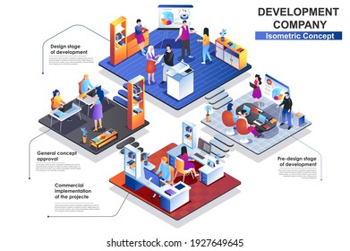 Development company interior isometric concept. Scenes of approval and design stages of project development. People characters working at different departments. Vector flat illustration in 3d design.