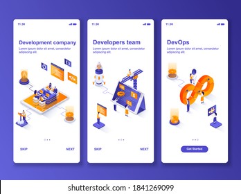 Development company isometric GUI design kit. Developers team collaboration, DevOps engineering templates for mobile app. UI UX onboarding screens. Vector illustration with tiny people characters.