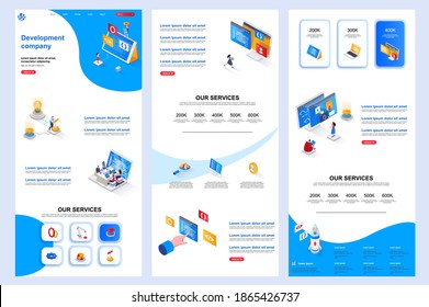 Development company isometric landing page. Software engineering, development corporate website design template. Web banner template with header, middle content, footer. Isometry vector illustration.
