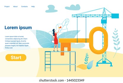 Development Company Vector Landing Page Template. Woman with Loudspeaker Controlling Construction Work Cartoon Character. Female Manager Instructing Crane Operator. Building Firm Website Layout