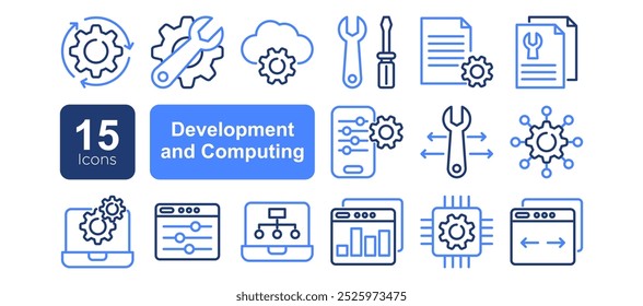 Conjunto de iconos de línea relacionados con desarrollo e informática. Iconos de vector lineal de servicio de configuración y Web.