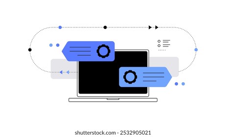 Desenvolvimento, computação, UX e processos de alta tecnologia. Esquema infográfico abstrato. Ilustração plana. Arquivo vetorial.