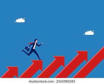Development concept. Businessman running on the arrow that grows to the step