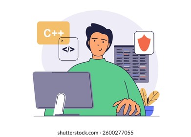 Development concept with cartoon people in flat design for web. Man developer programming and coding apps, using firewall and security programs, doing work tasks at workplace. Vector illustration.
