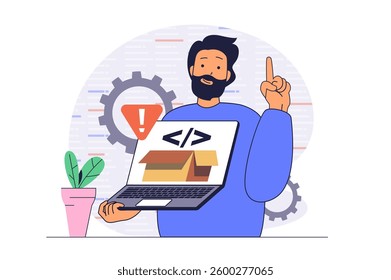 Development concept with cartoon people in flat design for web. Man getting warning message from security system, finding virus or bugs in program, programming and coding apps. Vector illustration.