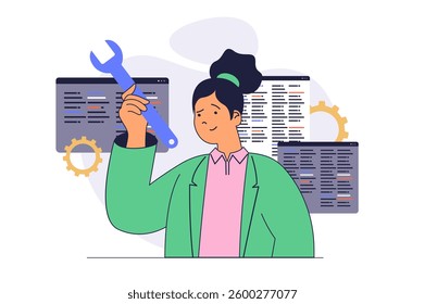 Development concept with cartoon people in flat design for web. Woman programming and coding, examining code and finding problems, making maintenance and testing new products. Vector illustration.