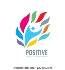 Development - concept logo template vector illustration. Abstract nature human character with colored leaves. Positive creative sign. Happiness freedom icon. Graphic design element. 