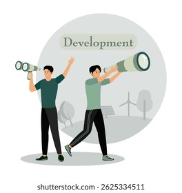Development concept. Men holding binoculars, symbolizing progress and exploration amidst development  themed elements such as windmills and solar panels, emphasizing innovation and sustainable living.