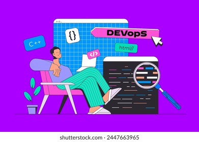 Development concept in modern flat design for web. Developer programming software, monitoring DevOps, engineers project communication. Vector illustration for social media banner, marketing material.