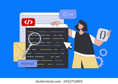 Development concept in modern flat design for web. Woman programming and working with code, creating and preparing product to elease. Vector illustration for social media banner, marketing material.