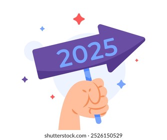 development concept. progress and continue to develop in 2025. future and forward. illustration of hand holding a direction board with the number 2025. flat style design. poster elements