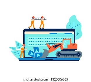 Development concept and website under construction background. 404 error or maintenance page with house building site, builders and construction equipment. Flat Art Vector illustration