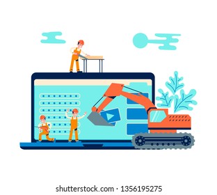 Development concept and website under construction background. 404 error or maintenance page with house building site, builders and construction equipment. Flat Art Vector illustration