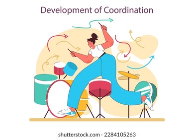 Development of coordination as a positive effect of playing drums. Female character' creative hobby. Drummer practising or performing music, playing musical instrument. Flat vector illustration