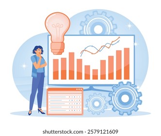Development of corporate strategy. Businesswomen analyze data using charts, graphs, and gears. Business Analysis Instruments concept. Flat vector illustration.