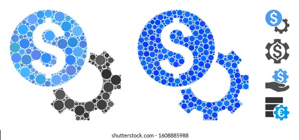 Development cost composition of circle elements in variable sizes and color tints, based on development cost icon. Vector circle elements are combined into blue illustration.
