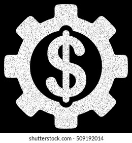 Development Cost grainy textured icon for overlay watermark stamps. Flat symbol with unclean texture. Dotted vector white ink rubber seal stamp with grunge design on a black background.