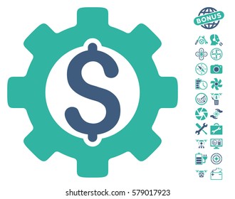 Development Cost icon with bonus aircopter tools pictures. Vector illustration style is flat iconic cobalt and cyan symbols on white background.