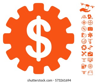 Development Cost icon with bonus airdrone service images. Vector illustration style is flat iconic symbols on white background.