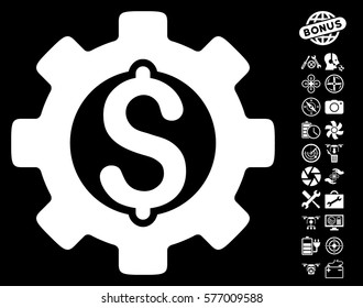 Development Cost icon with bonus airdrone service icon set. Vector illustration style is flat iconic white symbols on black background.