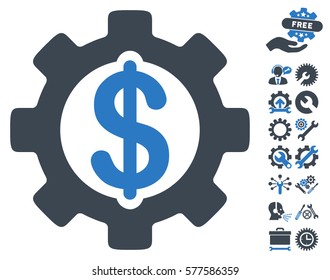 Development Cost icon with bonus configuration graphic icons. Vector illustration style is flat iconic smooth blue symbols on white background.
