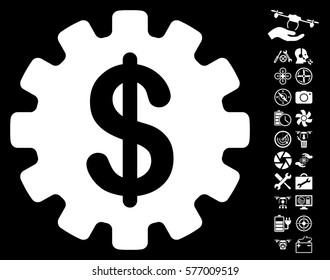 Development Cost icon with bonus copter tools icon set. Vector illustration style is flat iconic white symbols on black background.