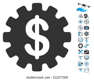 Development Cost icon with bonus nanocopter service pictograms. Vector illustration style is flat iconic blue and gray symbols on white background.