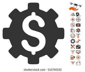Development Cost icon with bonus quad copter service images. Vector illustration style is flat iconic symbols on white background.