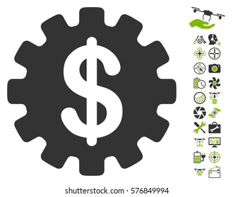 Development Cost icon with bonus quad copter service design elements. Vector illustration style is flat iconic eco green and gray symbols on white background.