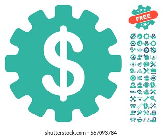 Development Cost icon with bonus settings symbols. Vector illustration style is flat iconic cobalt and cyan symbols on white background.