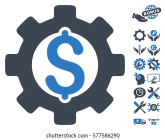Development Cost icon with bonus settings symbols. Vector illustration style is flat iconic smooth blue symbols on white background.