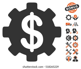Development Cost icon with bonus setup tools images. Vector illustration style is flat iconic orange and gray symbols on white background.
