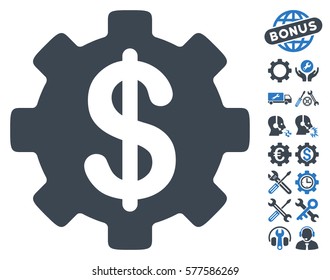 Development Cost icon with bonus tools symbols. Vector illustration style is flat iconic smooth blue symbols on white background.