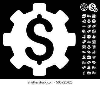 Development Cost icon with free bonus icon set. Vector illustration style is flat iconic symbols, white color, black background.