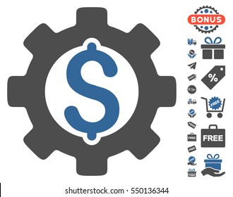 Development Cost icon with free bonus graphic icons. Vector illustration style is flat iconic symbols, cobalt and gray colors, white background.