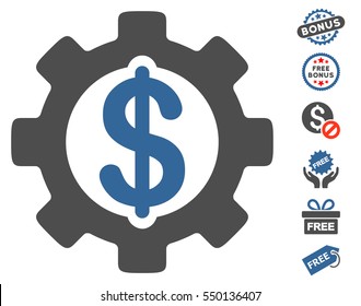 Development Cost icon with free bonus pictures. Vector illustration style is flat iconic symbols, cobalt and gray colors, white background.