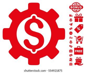 Development Cost icon with free bonus pictures. Vector illustration style is flat iconic symbols, red color, white background.
